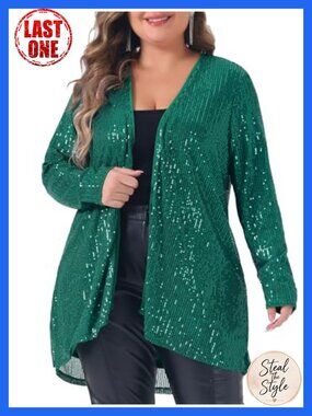 Plus Size Sequin Glitter Cardigan Long Sleeve Shimmer Party Jacket